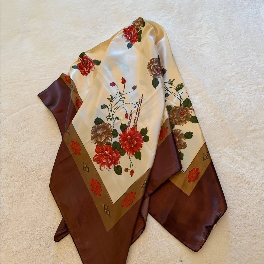 Large vintage 1960s Floral Square Scarf with Brown Border